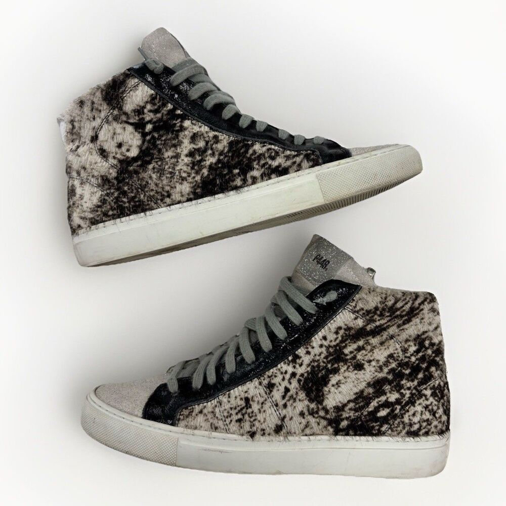 P448 Sneakers Womens Size 7 Cow Softy Calf Hair Star Metallic High Top 37 EU
